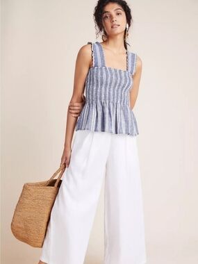 Anthropologie Maeve Blue & White Schuyler Smocked Peplum Tank Blouse Size Medium